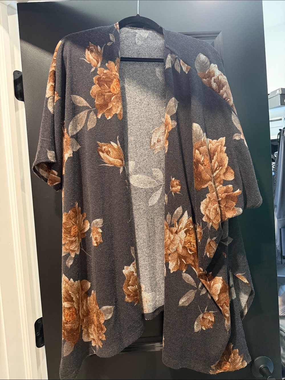 Dark Gray Floral Open Front Cardigan - Rust & Cream Blooms